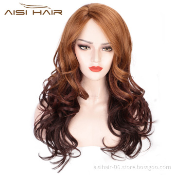 Aisi Hair Heat Resistant Synthetic Fiber Long Wavy Wigs Ombre Brown Fashion Cosplay Wigs Long Curly Wave Wigs for Women